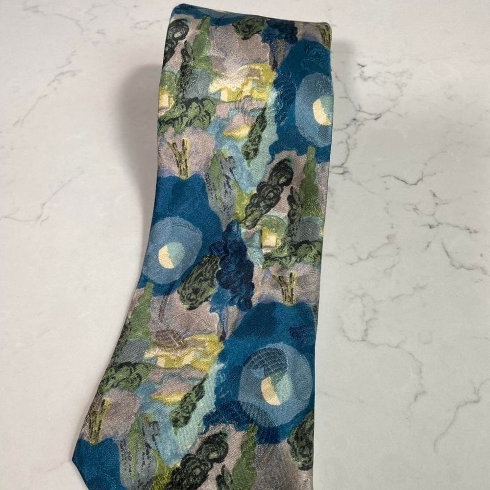 Vintage Ermenegildo Zegna Abstract Floral Silk Tie Blue Green Made in Italy